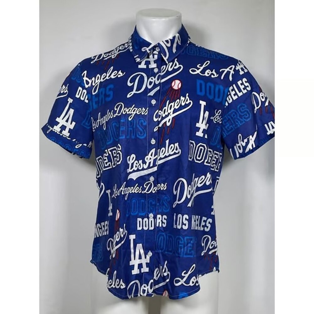 Los Angeles Dodgers MLB Baseball All Over Blue Logo Print Shirt Men's LARGE - Picture 1 of 4